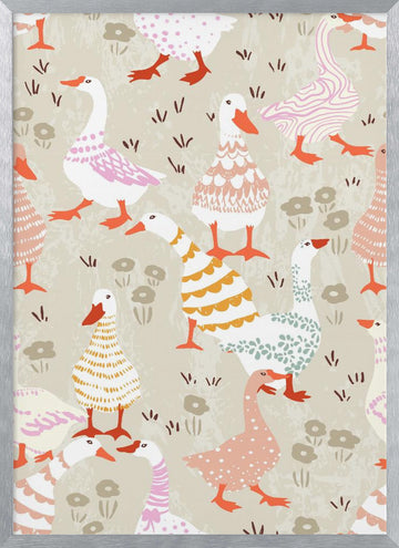 Playful Pastel Geese | Poster - Silver Frame Interior