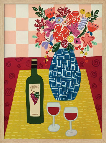 Vibrant Wine and Flowers | Poster - Wood Frame Interior