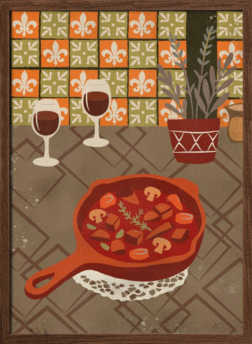 Hearty Stew and Wine | Poster - Walnut Frame Interior
