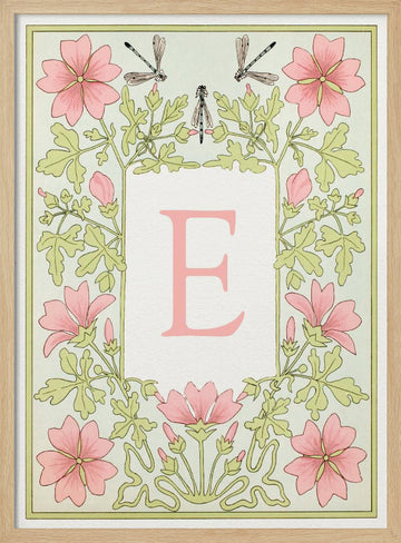 Pink Floral Letter E | Poster - Wood Frame Interior