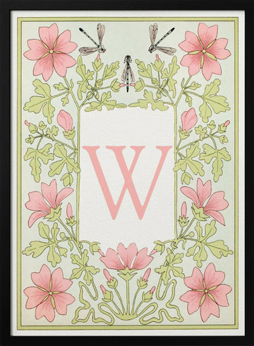 Pink Floral Letter W | Poster - Black Metal Frame Interior