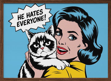 Cheerful Woman Grumpy Pet | Poster - Walnut Frame Interior