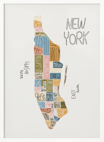 Colorful Manhattan Neighborhoods Map | Poster - White Frame Interior