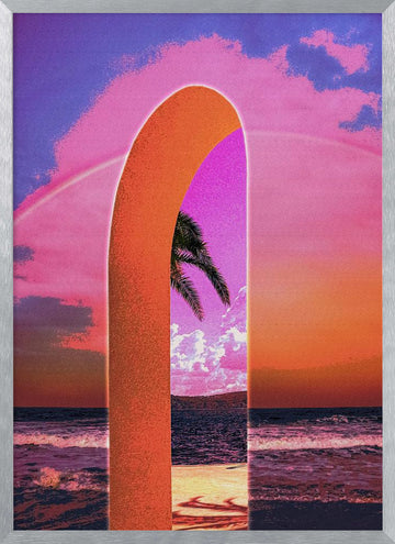 Pink Sky Beach Archway | Poster - Silver Frame Interior