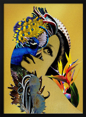 Golden Peacock Woman | Poster - Black Metal Frame Interior