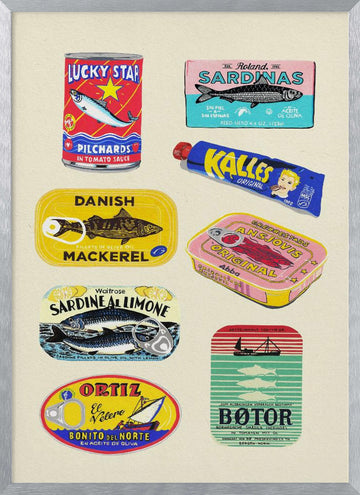 Vintage Seafood Cans | Poster - Silver Frame Interior