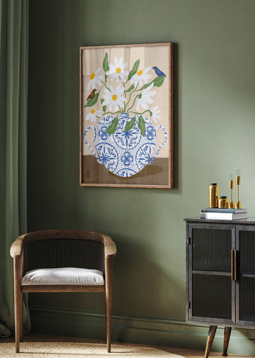 Daisies In Blue Teapot | Poster - Room Interior 2