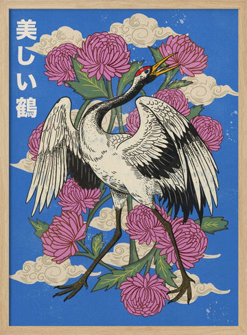 Elegant Japanese Crane Blooms | Poster - Wood Frame Interior