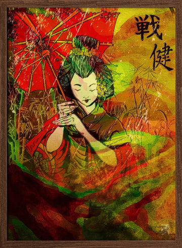 Japanese Umbrella Geisha | Poster - Walnut Frame Interior