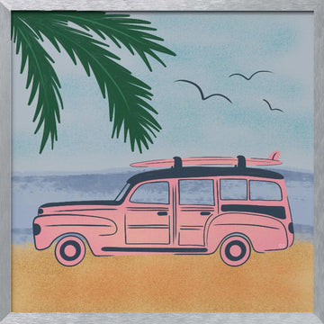 Pink Beach Surfer Car | Poster - Silver Frame Interior