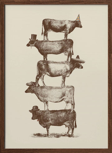 Whimsical Cow Stack | Poster - Walnut Frame Interior
