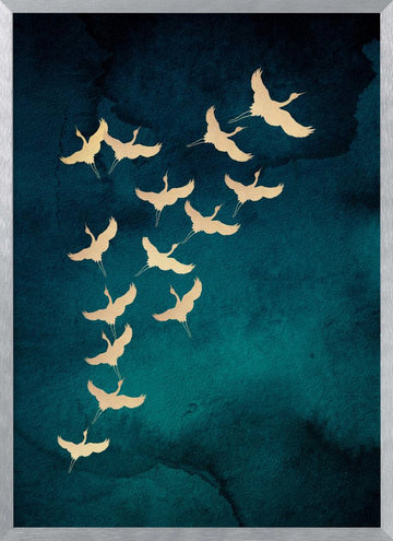 Graceful Golden Cranes | Poster - Silver Frame Interior