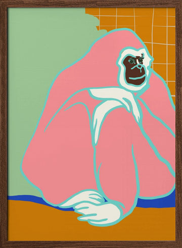Thoughtful Pink Gorilla | Poster - Walnut Frame Interior
