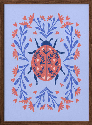 Folk Art Ladybug Wreath | Poster - Walnut Frame Interior