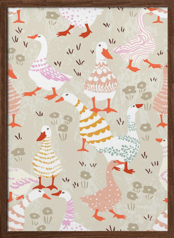 Playful Pastel Geese | Poster - Walnut Frame Interior