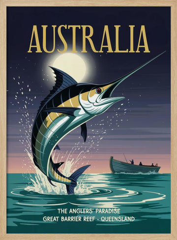 Leaping Marlin Australia Night | Poster - Wood Frame Interior
