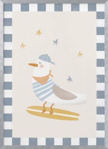 Happy Surfing Seagull | Poster - Silver Frame Interior