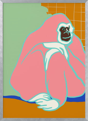 Thoughtful Pink Gorilla | Poster - Silver Frame Interior