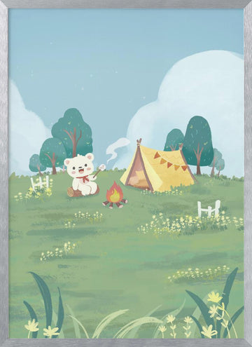 Bear Campfire Roasting Marshmallow | Poster - Silver Frame Interior