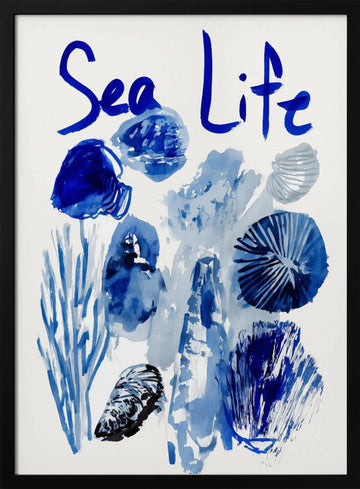 Indigo Sea Life Watercolor | Poster - Black Metal Frame Interior