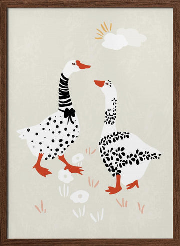 Charming Geese Stroll | Poster - Walnut Frame Interior