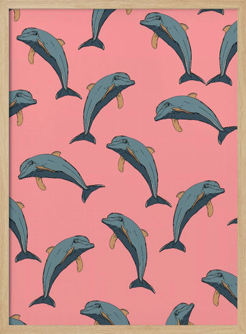 Playful Pink Dolphins | Poster - Wood Frame Interior