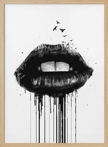 Dark Lips With Birds | Poster - Wood Frame Interior
