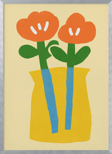 Two Stylized Orange Flowers | Poster - Silver Frame Interior