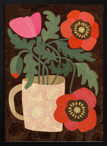 Poppies in a Pink Mug | Poster - Black Metal Frame Interior