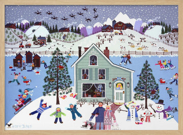 Joyful Winter Village Scene | Poster - Wood Frame Interior