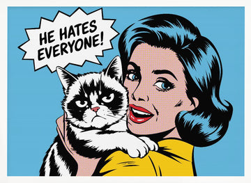 Cheerful Woman Grumpy Pet | Poster - White Frame Interior