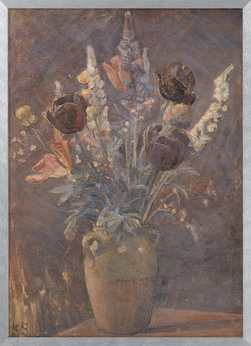 Clay Vase With Tulips and Other Flowers By Karl Schou | Poster - Silver Frame Interior