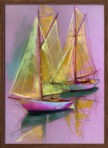 Colorful Sailboat Reflections | Poster - Walnut Frame Interior