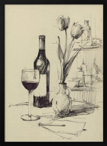 Wine and Tulips Sketch | Poster - Black Metal Frame Interior