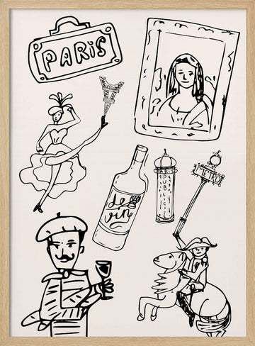 Parisian Icons Illustration | Poster - Wood Frame Interior
