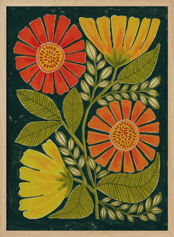 Colorful Folk Flowers | Poster - Wood Frame Interior