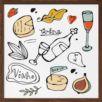 Wine and Food Sketches | Poster - Walnut Frame Interior