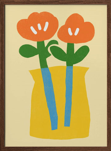 Two Stylized Orange Flowers | Poster - Walnut Frame Interior