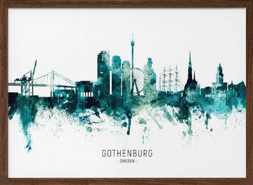 Gothenburg Watercolor Skyline | Poster - Walnut Frame Interior