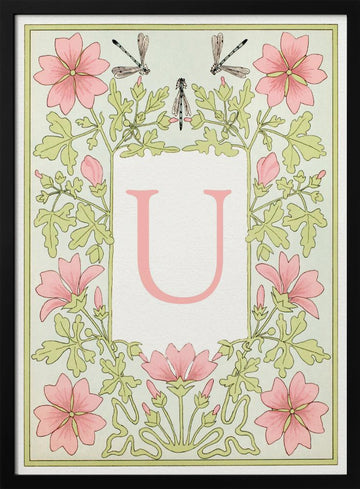 Pink Floral Letter U | Poster - Black Metal Frame Interior