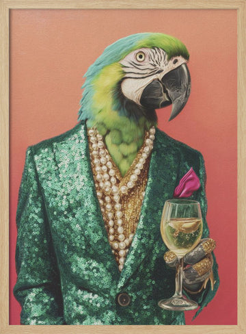 Dapper Parrot with Wine | Poster - Wood Frame Interior