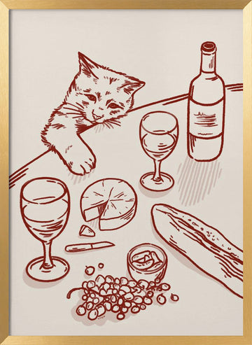 Curious Kitten Wine Table | Poster - Gold Frame Interior