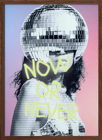 Woman with a Disco Ball Helmet | Poster - Walnut Frame Interior