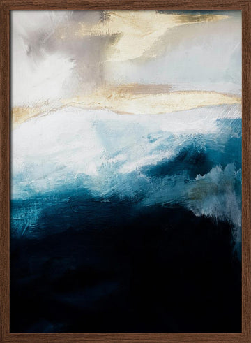 Deep Blue Gold Waves | Poster - Walnut Frame Interior