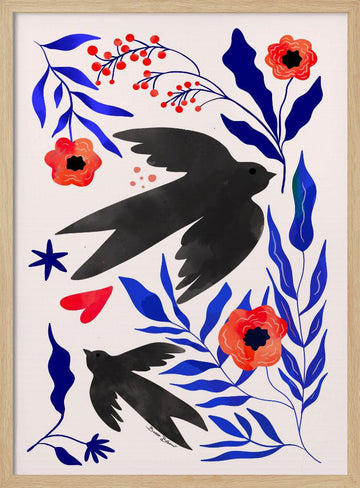 Black Swallows Blue Botanicals | Poster - Wood Frame Interior