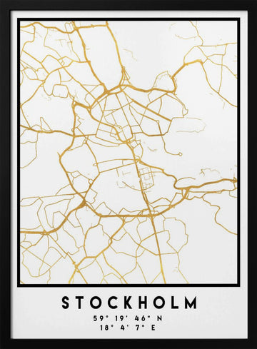 Golden Stockholm Map | Poster - Black Metal Frame Interior