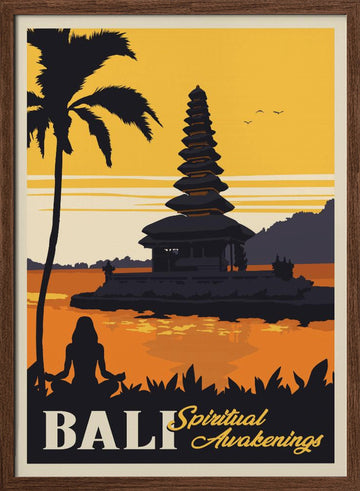 Bali Temple Sunset Meditation | Poster - Walnut Frame Interior