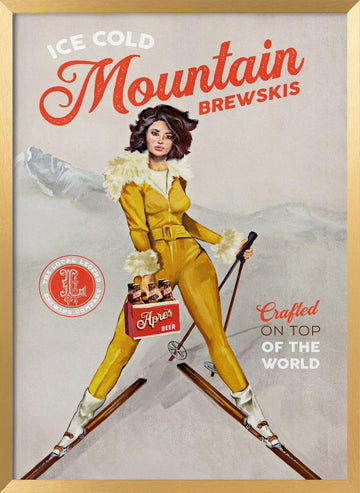 Ice Cold Beer Vintage Pinup Ski Art | Poster - Gold Frame Interior