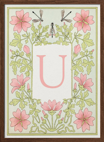Pink Floral Letter U | Poster - Walnut Frame Interior