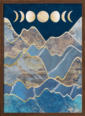 Golden Peaks Moon Phases | Poster - Walnut Frame Interior
